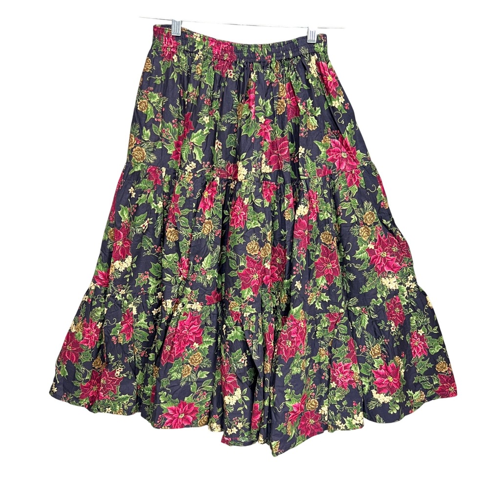 Handmade Poinsettia Christmas Tiered Maxi Skirt Black Floral Holiday Cottagecore